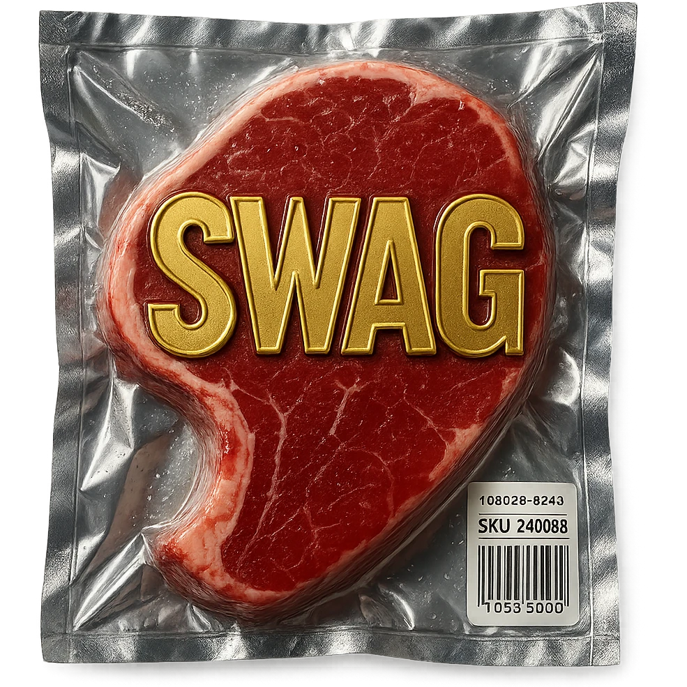 steak with gold outlined 'SWAG' letters, glossy emoji