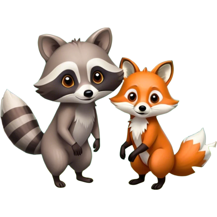 Collage of a raccoon and a fox, in close-up, set in a beautiful forest with tall trees, green bushes, and sunlight filtering through the leaves. Both animals look curious and playful. A vibrant, wild atmosphere with a transparent background. emoji
