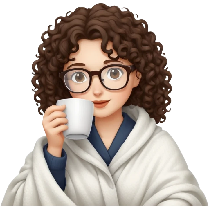 Brunette girl Curly and glasses color silver in white blanket drinking coffee emoji