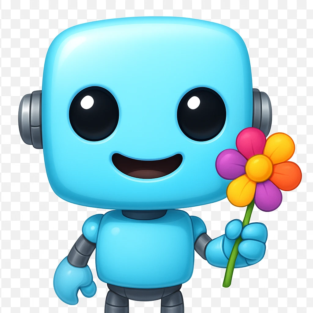 Edit the image to depict a light blue (#b0f2f8) cute robot holding a flower and looking cheerful, in the style of an apple emoji. emoji