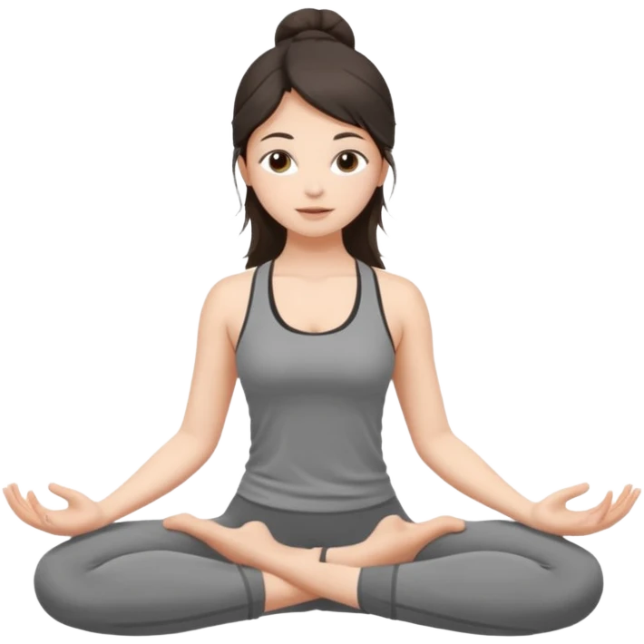 a brunette girl doing yoga, she is wearing a grey fit and she has dark loose hair.  emoji