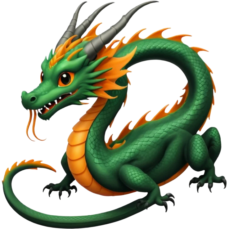 Black, green, orange, grey, Asian Imperial floating noodle-dragon, with black sclera, long mane, long whiskers, long tail, gliding flying, no wings emoji