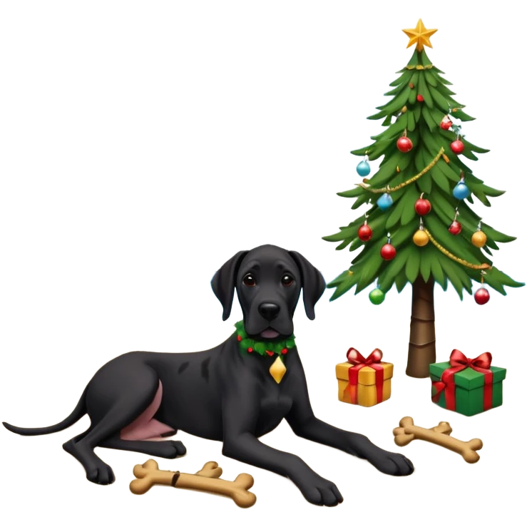 Black (no white) cropped Great Dane laying on a tropical beach with a Christmas tree and dog bones under the tree emoji