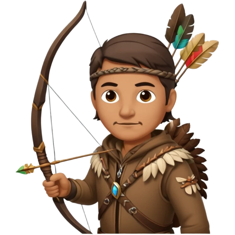 A classic middle-aged hunter with a bow and arrow on his back, dressed in brown clothes and adorned with decorations made of feathers or bone teeth emoji