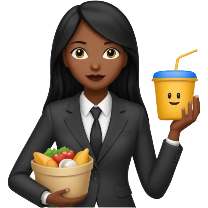 dark long haired woman with suit holding food container emoji