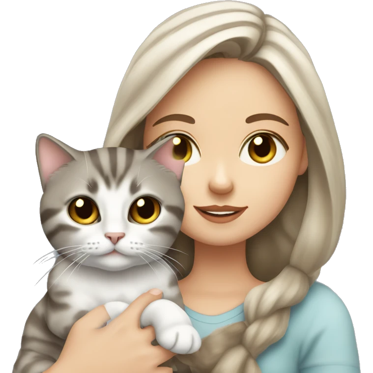 Long Dark brown haired white girl with hazel eyes holding gray tabby cat emoji