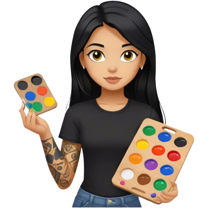 A girl with long black hair and hazel eyes and black tattoos on right arm holding a paint palette  wearing black shirt emoji
