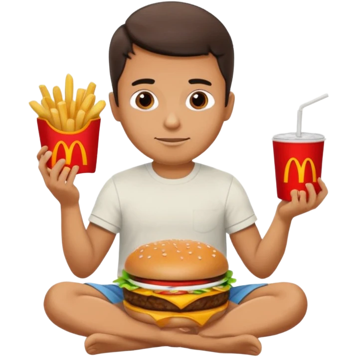man in lotus pose eating McDonalds burger and fries emoji