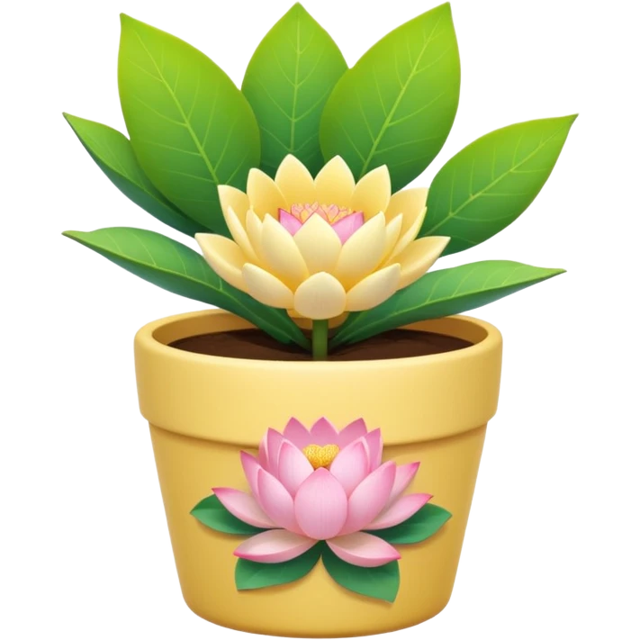 Short, cylindrical ceramic flower pot in pastel yellow, containing a lotus flower plant. emoji
