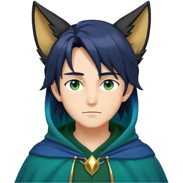 anime man with straight long dark-blue-black-gradient hair, long black fox ears, hazel-gradient-brown-turquoise eyes, gold earring, dark-blue-sweater, green cape,  emoji