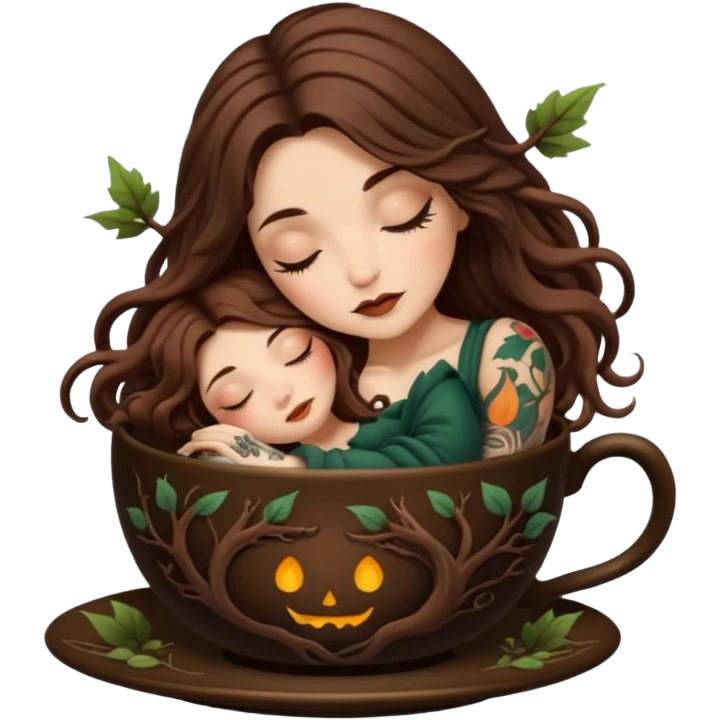 cute forest witch woman long wavy brown hair tattoos sleeping inside teacup emoji