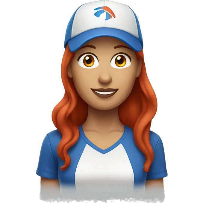 front facing standing female coach with long red hair, wearing a white t-shirt and a simple blue hat emoji