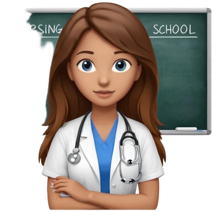 inside a classroom at university that says nursing school on the board with a pretty female nursing student with long brown hair, blue eyes emoji