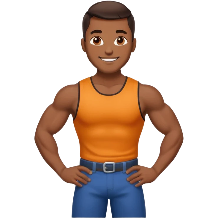 Adult male, brown skin, muscular, confident grin, slightly provocative stance, hands on hips, assertive energy, clearly distinct from Black and Farmer roles emoji
