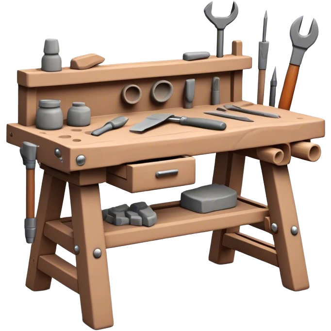 Cinematic Realistic image of a workbench set with a lump of pliable clay and artisanal sculpting tools, rendered with finely detailed textures that reveal subtle clay particles and well-worn tool surfaces, bathed in warm, focused studio lighting emoji