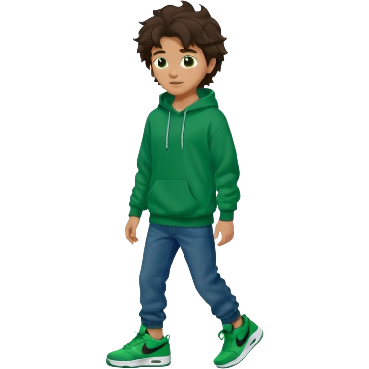 a 14 year old slightly tanned teenage boy with dark brown tousled wavy hair, dark brown eyes wearing a green tshirt, a dark green hoodie, blue jeans and green nike air jordans emoji