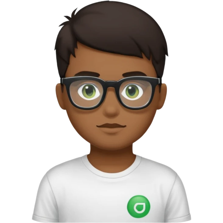 Garçon brun, des yeux verts foncés, un t shirt noir et des lunettes rectangulaires transparentes emoji