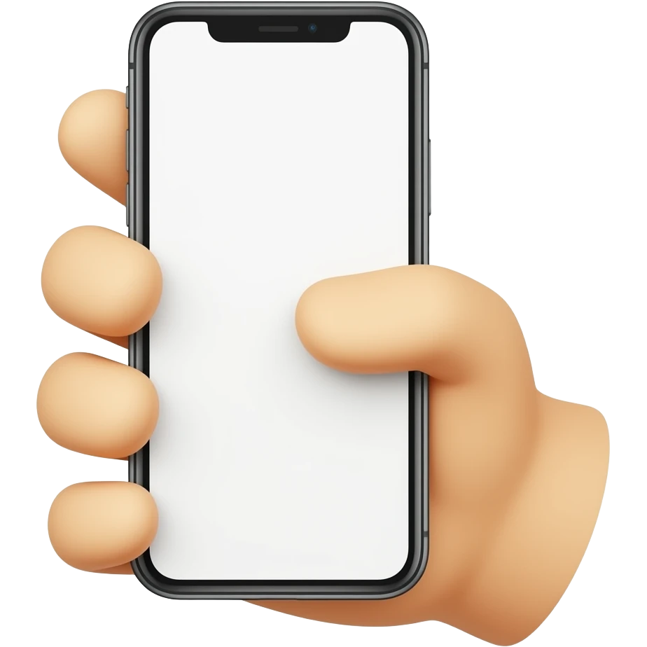 Emoji-style hand with slightly longer proportions holding a smartphone vertically, blank white screen, minimalist, soft shading, no background. emoji