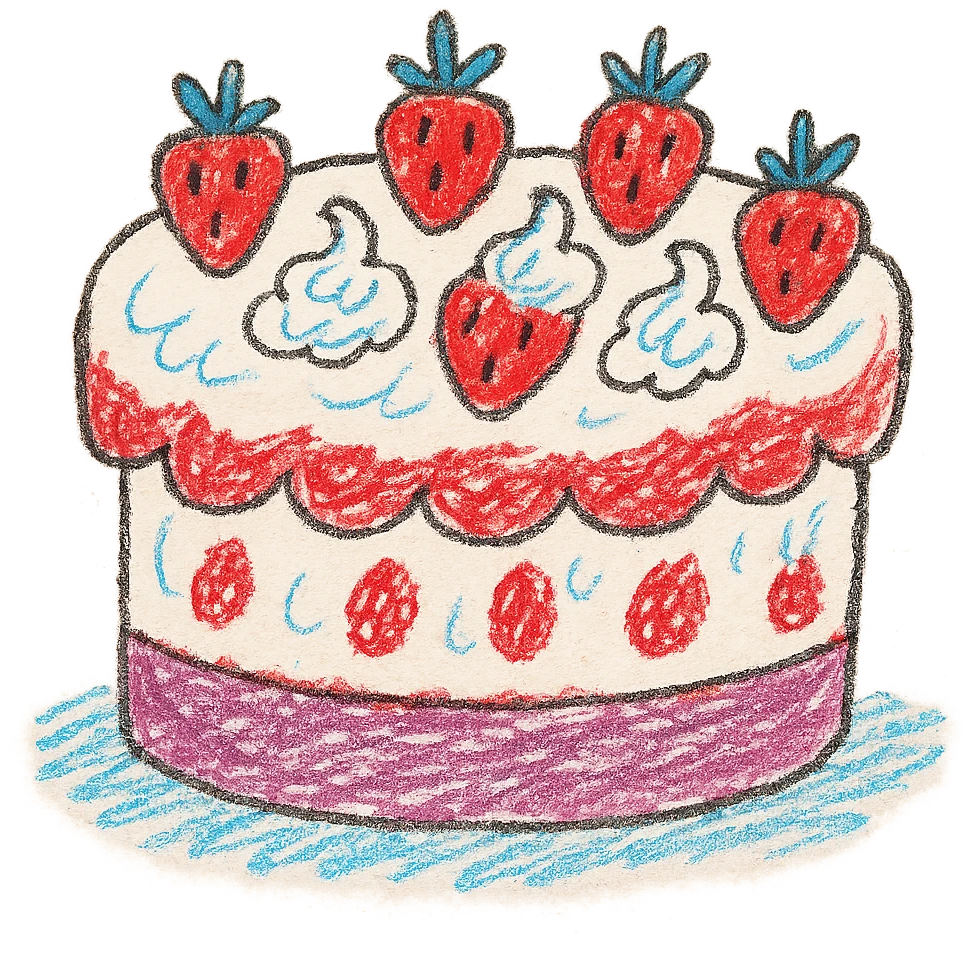 white cake with strawberries and whipped cream, whimsical and bright, children doodle style emoji