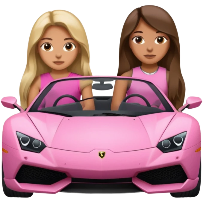 Make car far away so I can see full car Car facing forward in sports car. Make hair long  two girls in car far away Front of car sitting in the seats. Make it a pink sports car. They are two baddies make it a Lamborghini pink car  emoji