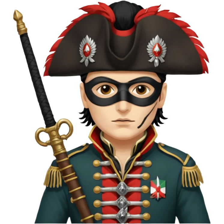 Adam Ant  painted with Indian war colors with black mask is wearing a Hungarian Hussar'S JACKET, holds two firelocks holsters in his hands emoji