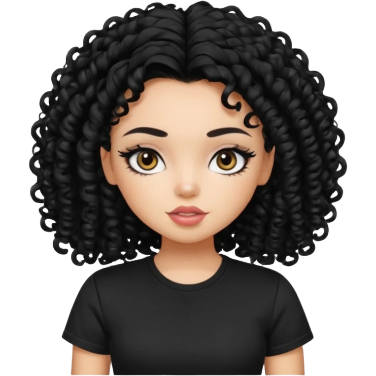a pretty bratz girl with curly black hair, eyeliner, wearing a black tshirt emoji