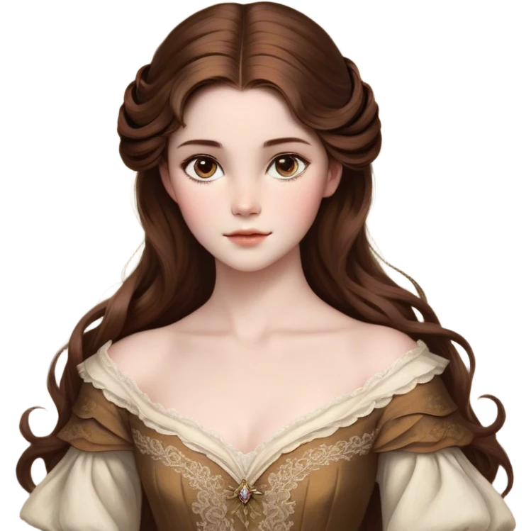 Cinematic Realistic Belle Portrait, depicted with lifelike skin texture, soft natural lighting, and intricately detailed brown hair styled elegantly. Her deep, expressive eyes exude warmth and intelligence, complemented by a serene and graceful expression. She is dressed in her classic attire, with rich fabric textures and delicate folds that catch the light beautifully. The portrait features a soft, enchanting glow with a natural, radiant finish, capturing the essence of timeless beauty in a realistic and painterly style, evoking a sense of depth and authenticity. emoji