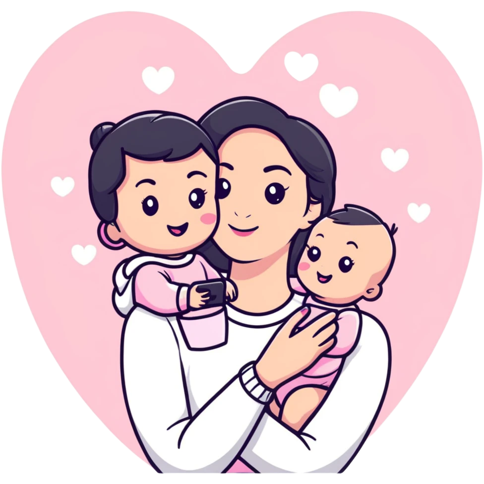 mom taking selfie with baby surrounded by pastel pink hearts emoji