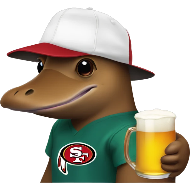 platypus in a 49ers cap holding a white beer emoji