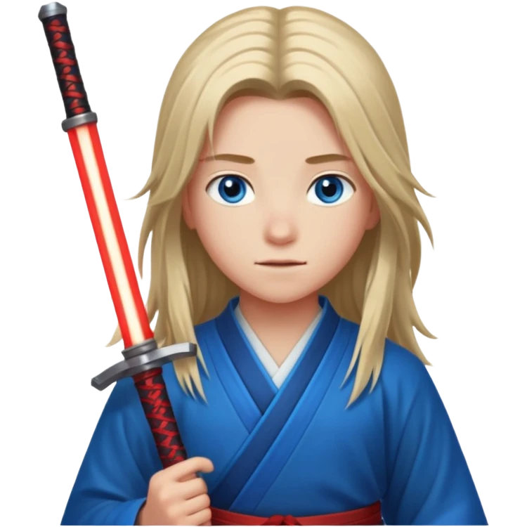 A 14 year old with red glowing katana and his hair be long and eye colour of blue with beautiful background emoji