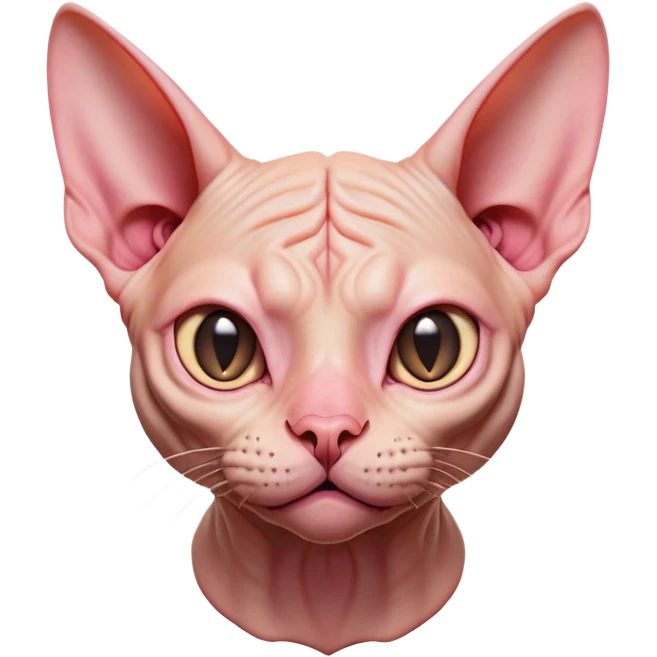 Cinematic Comical Sphynx Cat Portrait Emoji, Head tilted dramatically with an exaggeratedly shocked or offended expression, smooth, wrinkled skin in warm peach and pink hues, large bat-like ears perked up, piercing eyes widened in disbelief, Simplified yet hilariously expressive features, highly detailed, glowing with a slightly sassy glow, high shine, dramatic yet playful, stylized with an air of attitude, bright and endearing, soft glowing outline, capturing the essence of a sassy and over-the-top feline, so meme-worthy it feels like it could side-eye its way into internet fame instantly! emoji