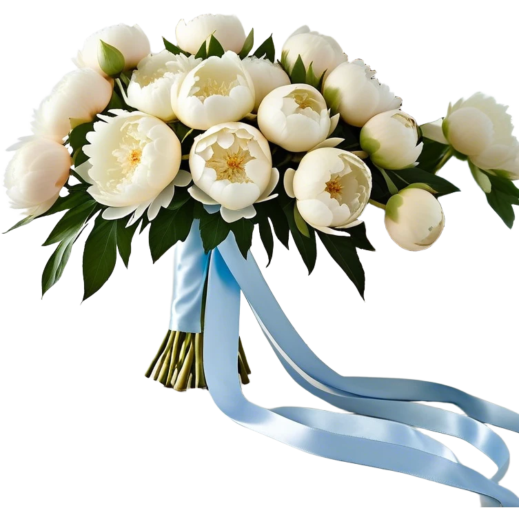 A lush bouquet of full-bloom white peonies, their petals soft as silk, rests on a lace-draped vanity table. A long, powder blue satin ribbon is delicately woven through the stems, its trailing ends cascading onto the wooden surface. The gentle glow of morning light filters through sheer curtains, casting a dreamy ambiance over the scene. Scattered pearl beads catch the light, reflecting a soft iridescence that complements the bouquet’s ethereal beauty. emoji
