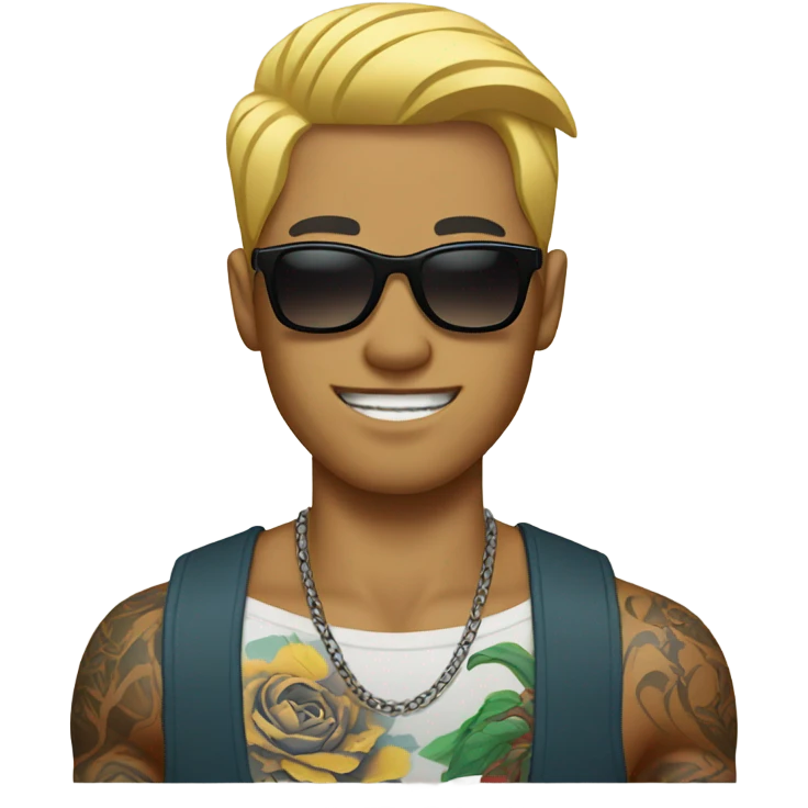 Tattooed Asian man with sunglasses and blonde hair emoji