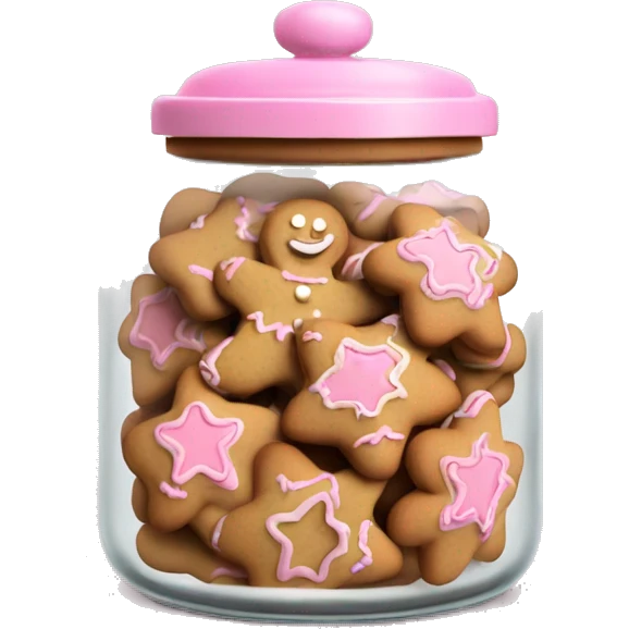 Realistic glass cookie jar with light pink lid full of gingerbread cookies isolated.  emoji