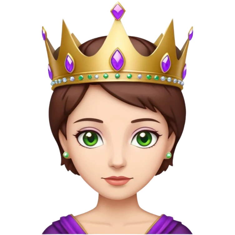 Purple crown on a queen with short brown hair and greene ye emoji