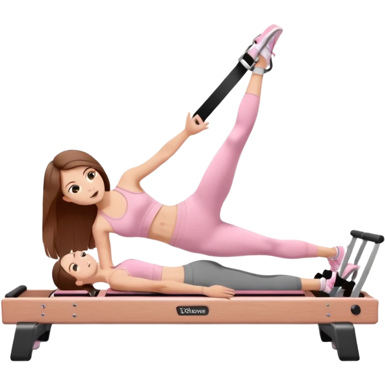 pretty white teen with hazel eyes and long brown hair and a small waist in light pink workout clothes in a plank on a pilates reformer emoji