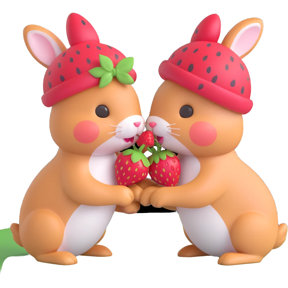 two bunnies with strawberry hats kissing emoji