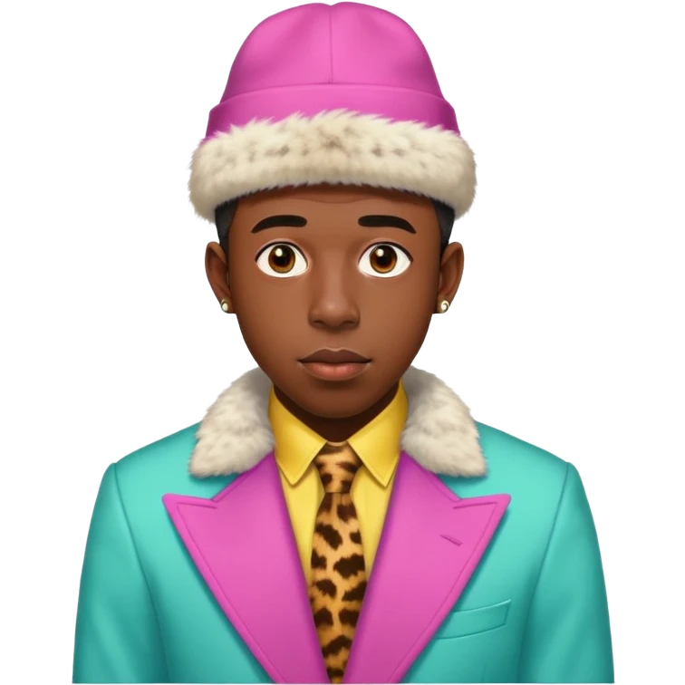 Tyler the Creator in his CHROMAKOPIA colorful suit with fur hat emoji
