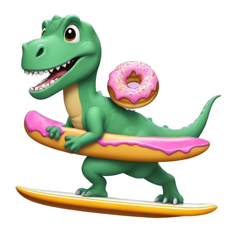 Dinosaur riding a surf board eating a donut. Make it look cartoony  emoji