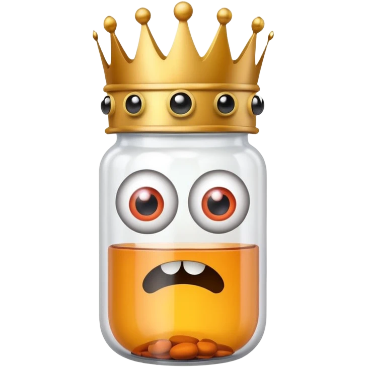 Pill bottle with scary eyes wearing a crown emoji
