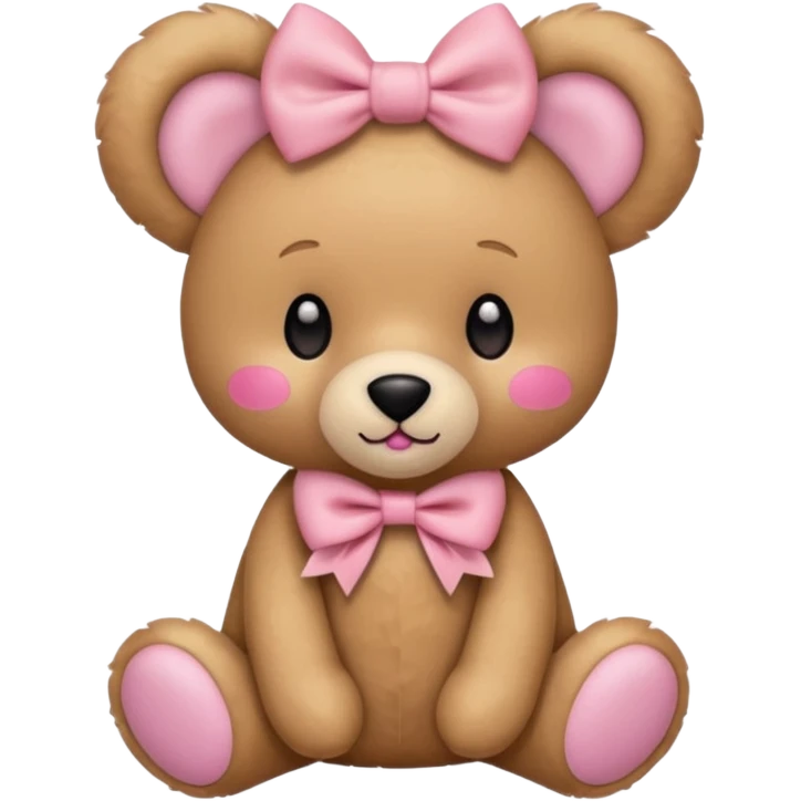 The og emoji teddy bear eith some pink blush and a cute pink coquette bow in the ear emoji
