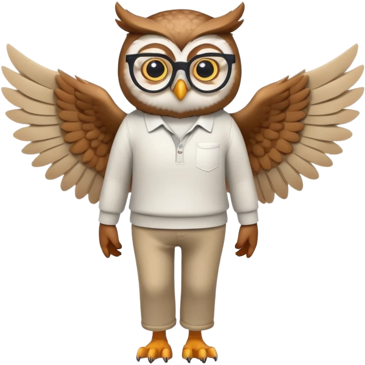 friendly anthropomorphised owl with wings instead of arms, in pants and a shirt, wearing glasses, walking upright, standard pose emoji