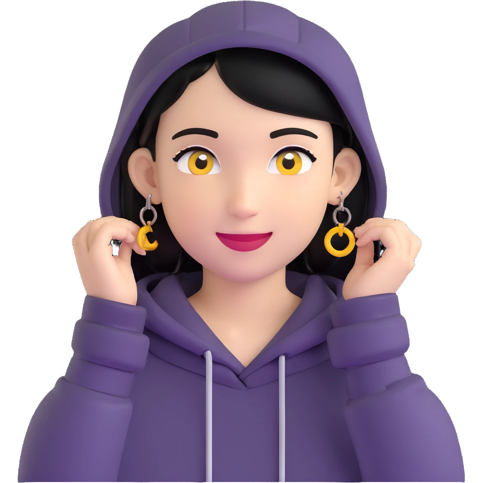 person with military cut black hair, brown eyes, wearing 2 circle earrings and a black hoodie with a smiley face emoji
