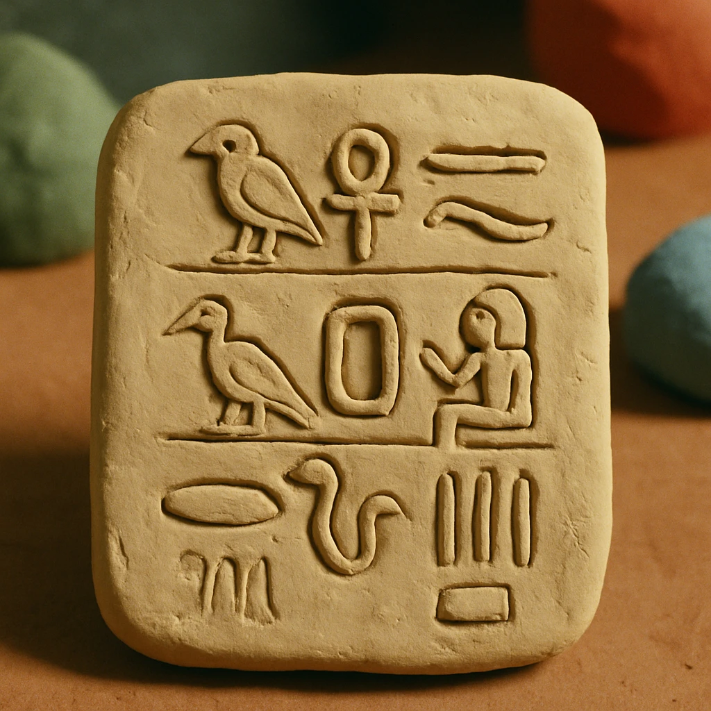 a clay tablet with ancient Egyptian hieroglyphics, realistic texture, ancient artifact, visible carved symbols emoji