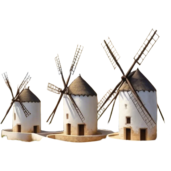 ​Cinematic Realistic Spanish Windmills (Mota del Cuervo), depicted as a cluster of gracefully aged windmills with weathered whitewashed facades and rustic wooden sails, standing proudly on a sunlit, rolling hillside of golden fields and olive groves, rendered with intricate textures and soft natural lighting that captures the timeless rural charm and historical significance of the Spanish landscape, emoji