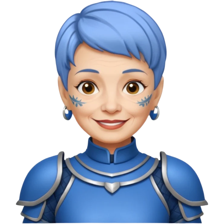 Elderly Tattooed Knights female, with short hair, blue armour emoji