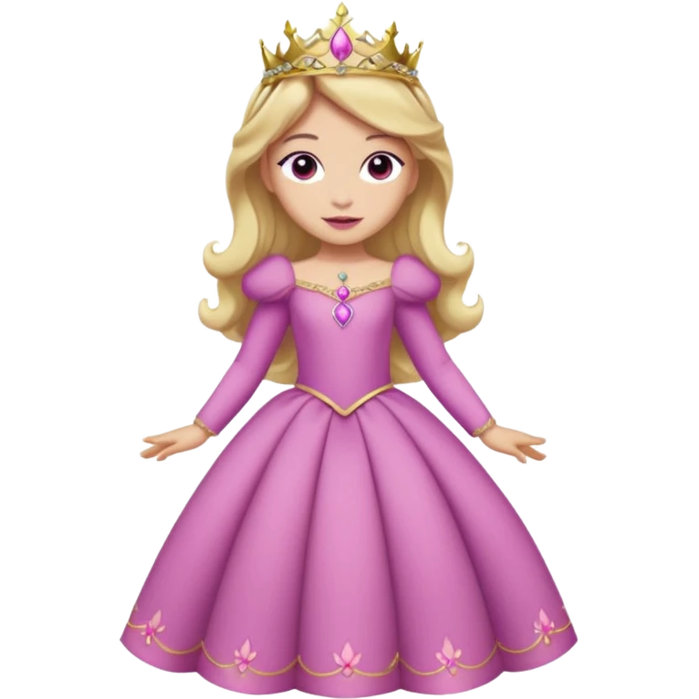 Princesa aurora Disney com vestido rosa escuro de manga comprida rosa claro com tiara pequena e dourada de corpo inteiro com olhos lilás fazendo uma pose emoji