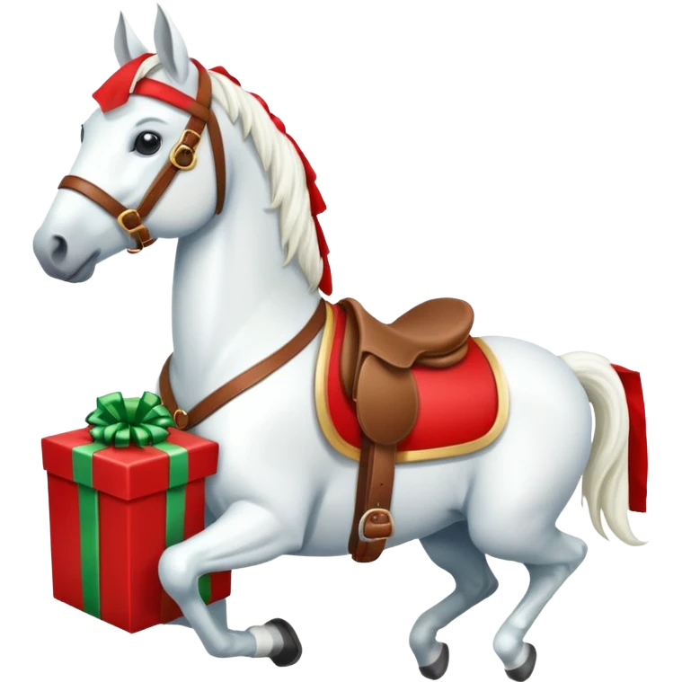 christmas new year's white horse with a red saddle with gift box on saddle emoji