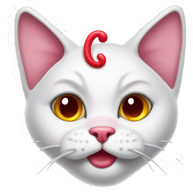 A white cartoon cat with a red bow on its left ear, looking unwell., disgusting a pink liquid out of his mouth emoji