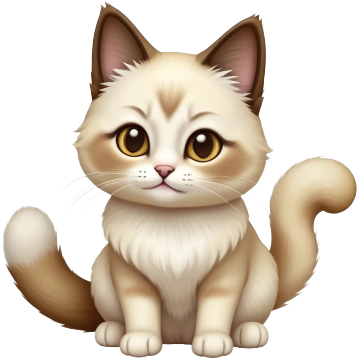 cinematic-[snowshoe cat]-realistic-full-body-sitting-emoji,-tail-curled-playfully-around-its-paws,-head-tilted-dramatically,-fluffy-[siamese]-fur,-simplified-yet-realistic-focused-features,-highly-detailed,-glowing-with-an-almost-sarcastic-glow emoji